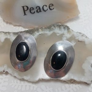 Sterling & Onyx Vintage Clip On Earrings